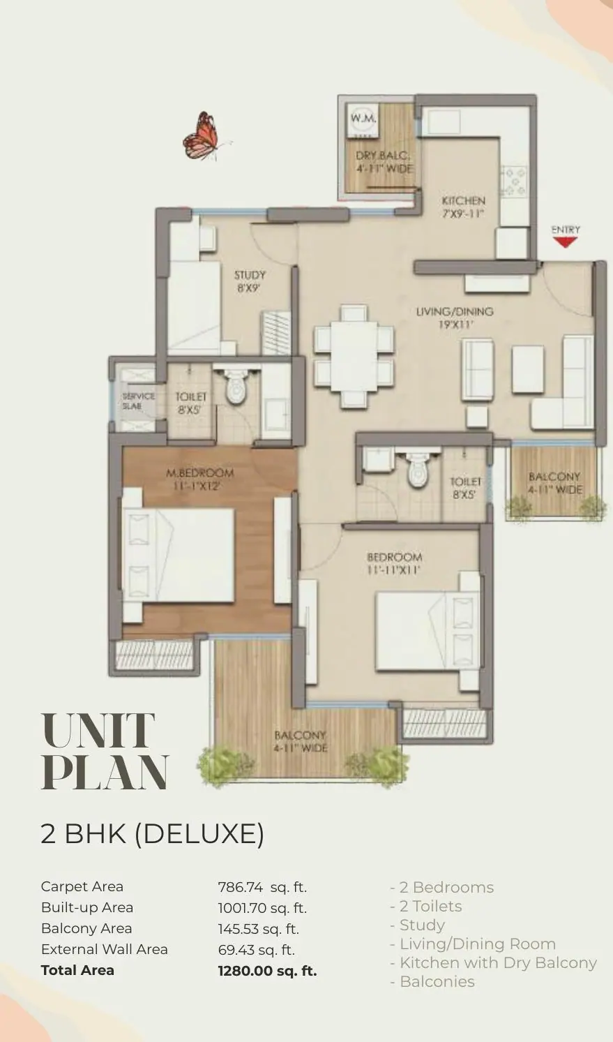Prateek Grand Begonia 2 BHK Deluxe floor plan 1280 sq ft with study