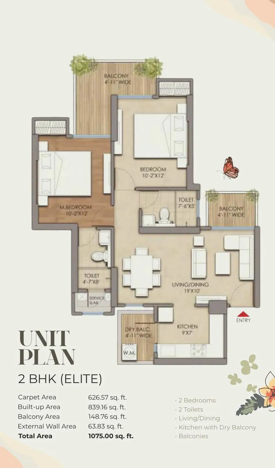 Prateek Grand Begonia 2 BHK Elite floor plan 1075 sq ft