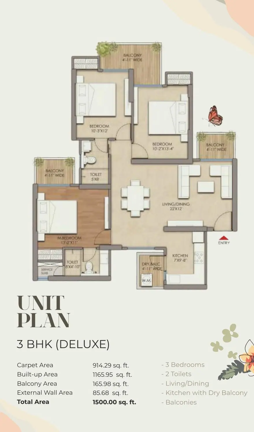 Prateek Grand Begonia 3 BHK Deluxe floor plan 1500 sq ft