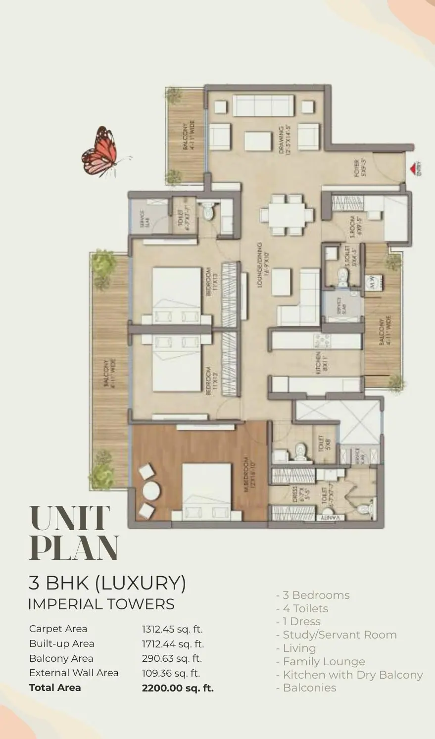 Prateek Grand Begonia 3 BHK Luxury floor plan 2200 sq ft Imperial Towers