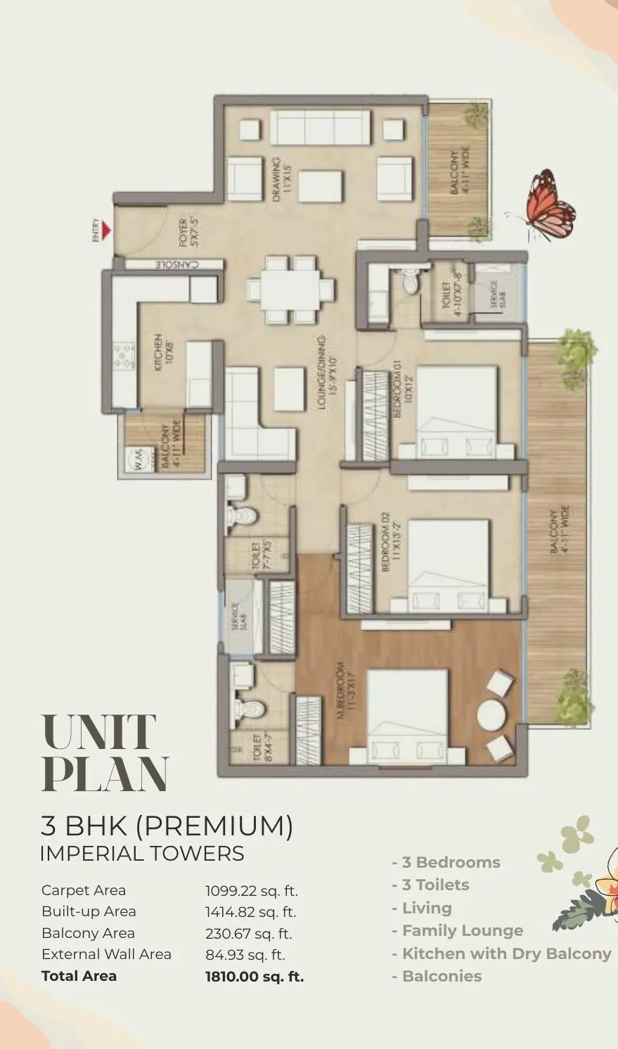 Prateek Grand Begonia 3 BHK Premium floor plan 1810 sq ft Imperial Towers
