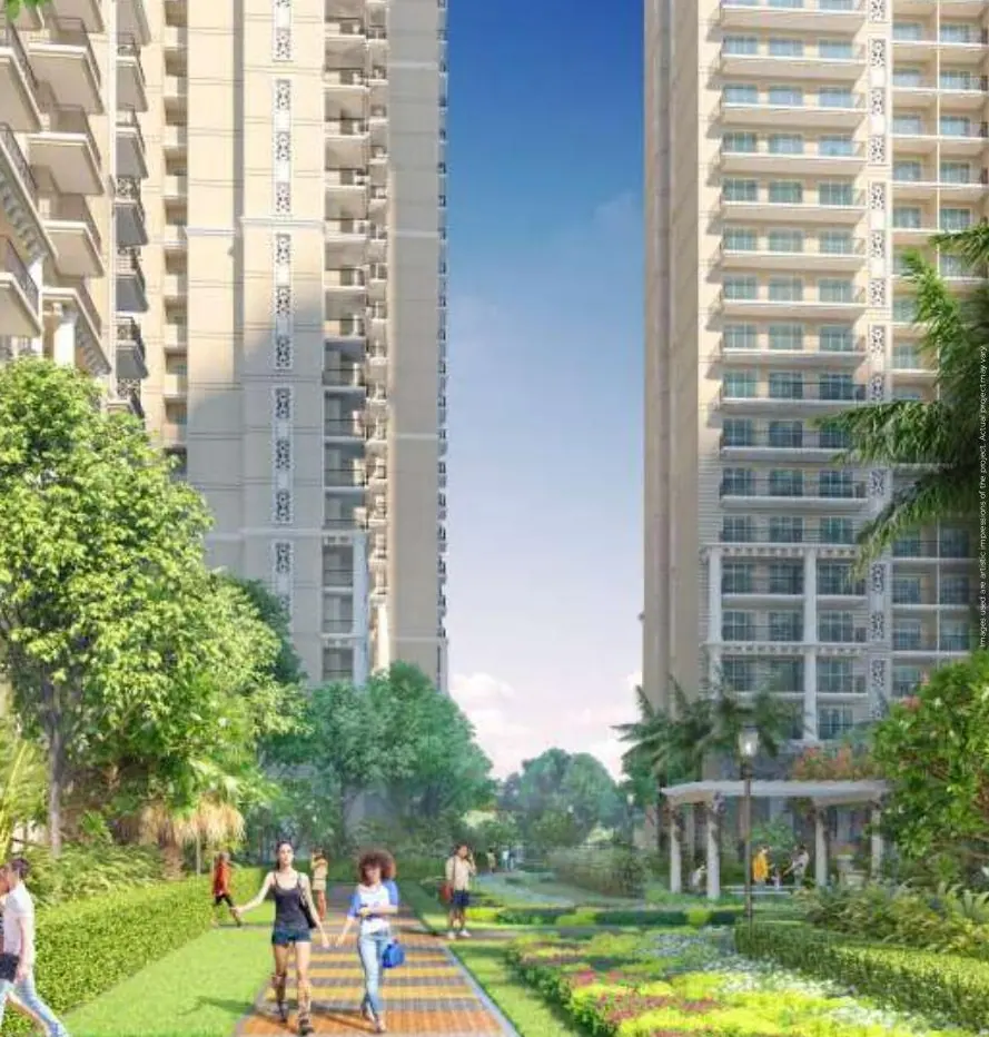 Landscaped walking path between Prateek Grand Begonia towers