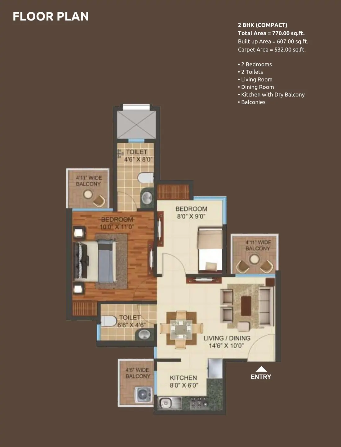 Prateek Grand City 2 BHK Compact floor plan 770 sq ft