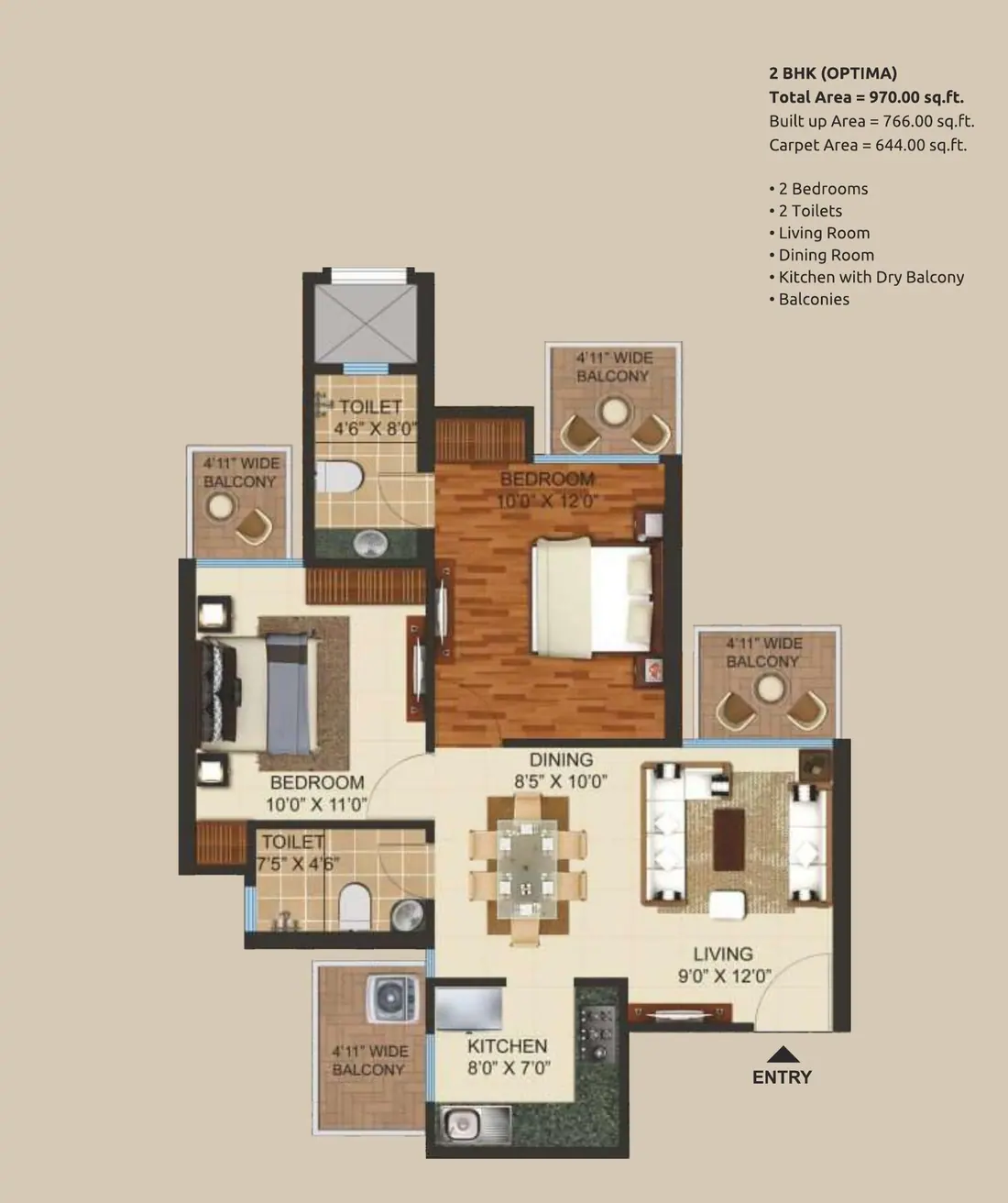 Prateek Grand City 2 BHK Optima floor plan 970 sq ft