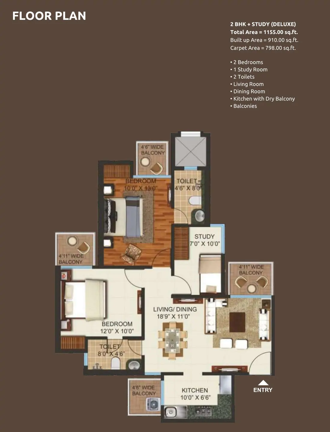 Prateek Grand City 2 BHK plus Study Deluxe floor plan 1155 sq ft