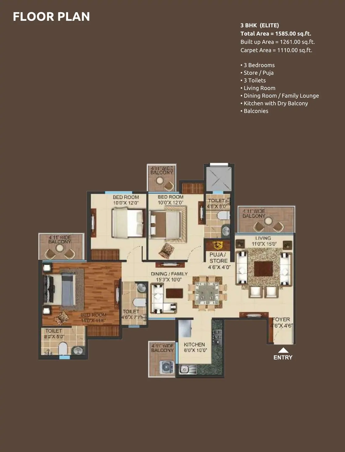 Prateek Grand City 3 BHK Elite floor plan 1585 sq ft with store and puja