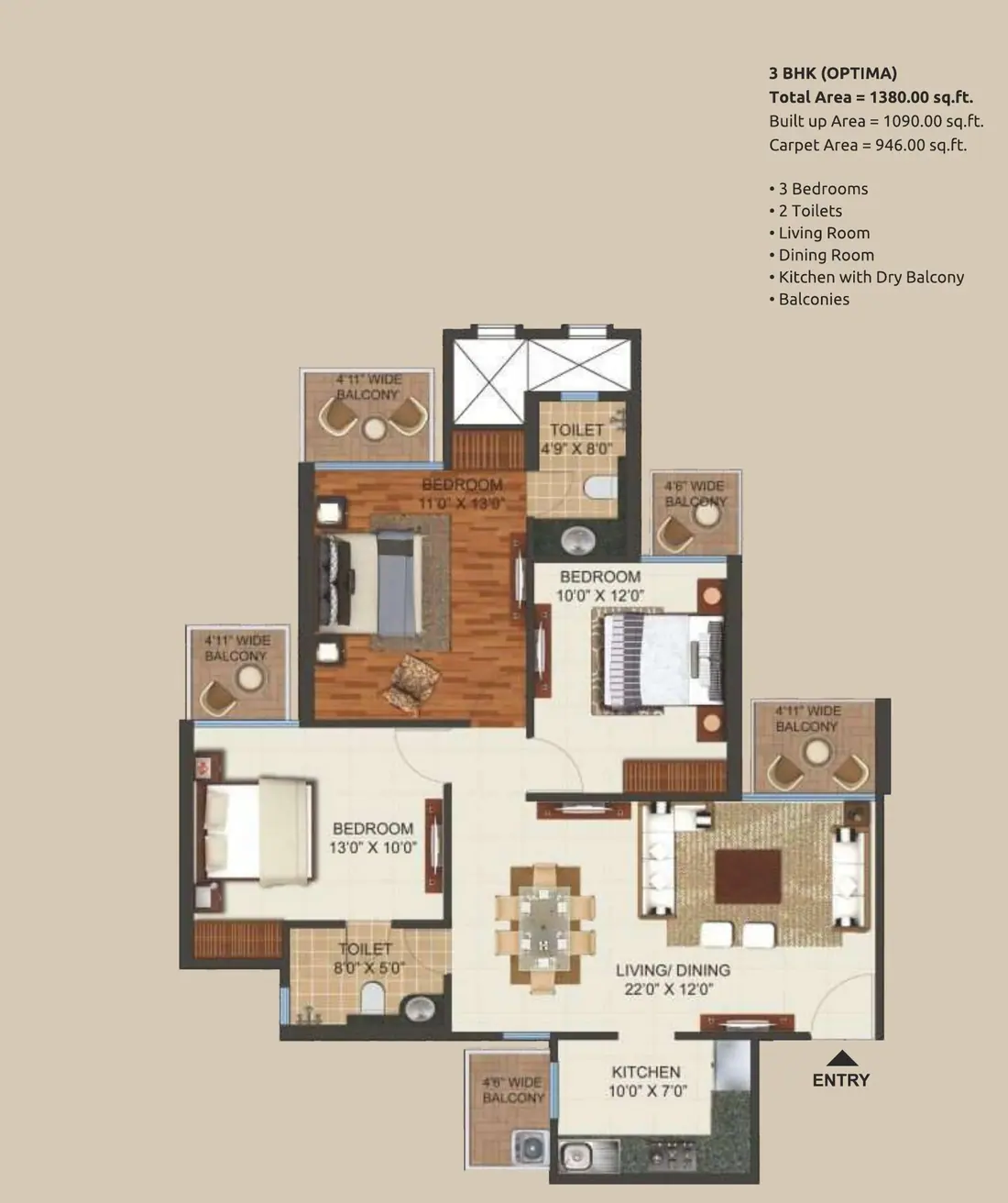 Prateek Grand City 3 BHK Optima floor plan 1380 sq ft