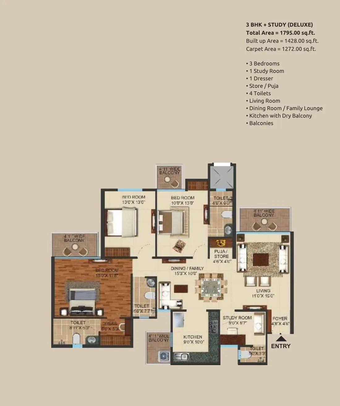 Prateek Grand City 3 BHK plus Study Deluxe floor plan 1795 sq ft