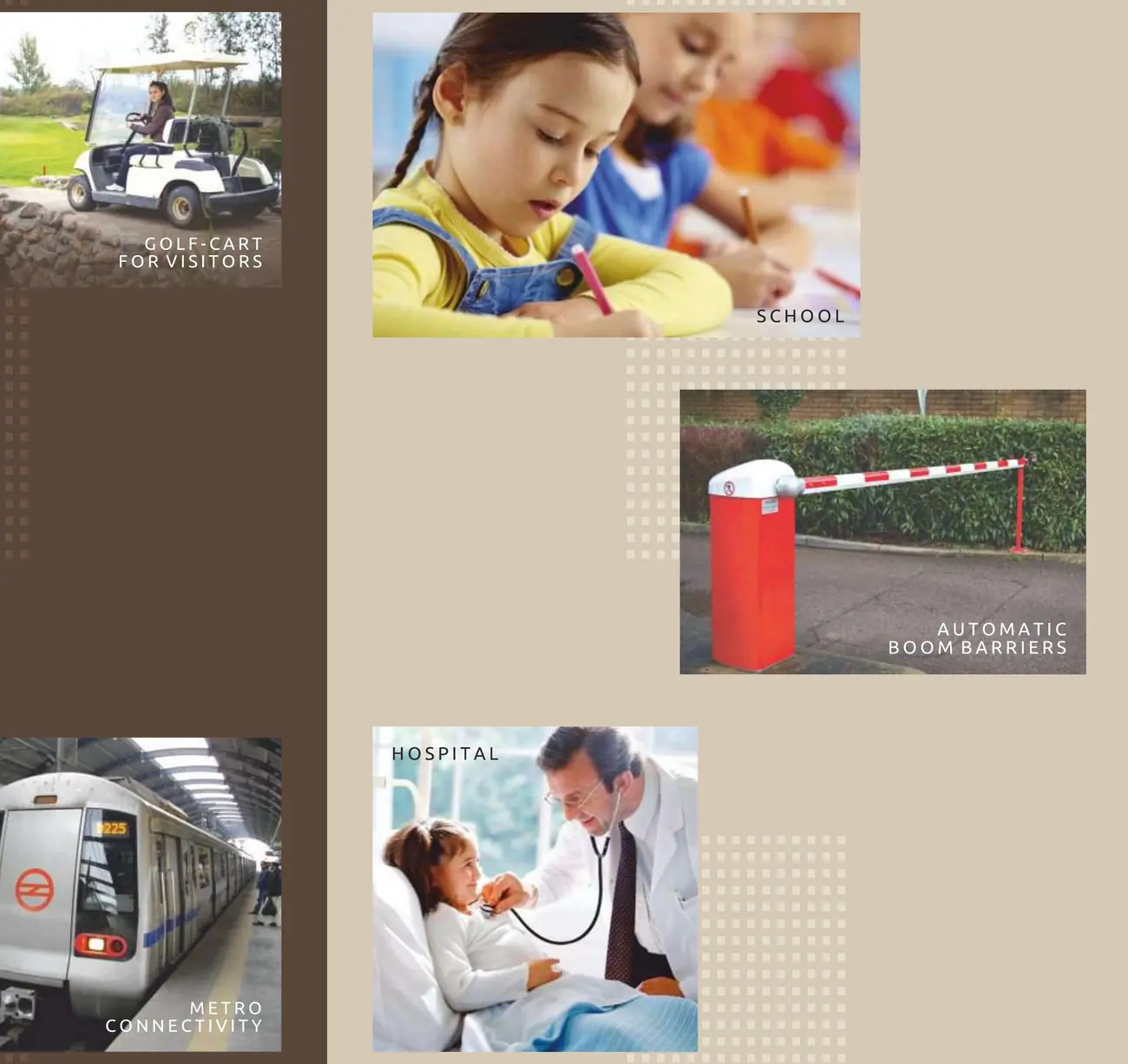 Golf cart, school, security and medical facilities at Prateek Grand City